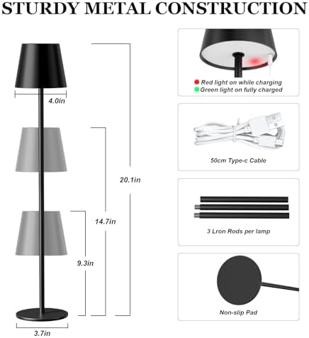 Kakanuo 20" Black Cordless Table Lamp Rechargeable - 2 Pack 5000mAH Battery Operated Lamp for Counter, 3 Color Stepless Dimming Wireless Lamp for Dining Table, Touch Control