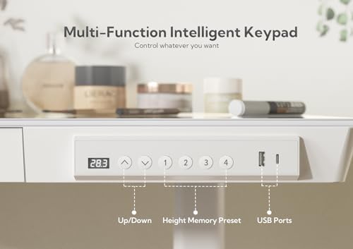 Claiks Small Glass Standing Desk with Drawers & USB Ports 32x19 White