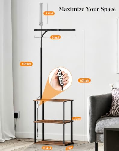 LED Floor Lamp with Table, 18W Bright Reading Floor Lamp for Office, Narrow Side Table with Dual Head Goose-Neck, Adjustable Brightness & Color Temp, End Table with Storage Shelves-Rustic Brown