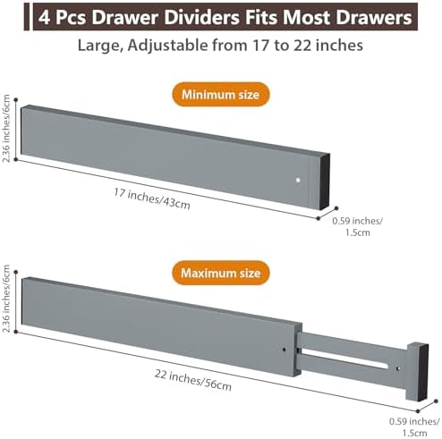 4 Pack Bamboo Drawer Dividers 17-22" Adjustable Kitchen Organizer, Gray