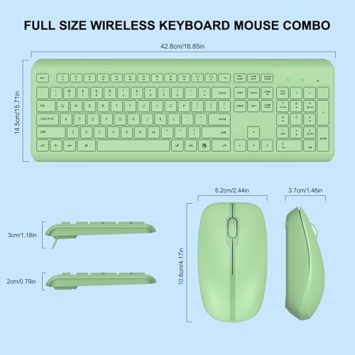 Wireless Keyboard and Mouse Combo, Full-Size Silent Ergonomic Keyboard and Optical Mouse, Long Battery Life, 2.4G Lag-Free Mice Keyboard for Mac, Laptop, PC, Windows(Avocado Green)
