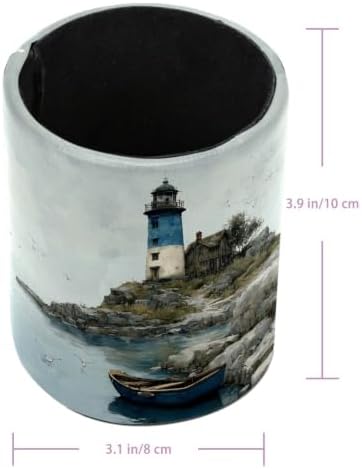 Leather Pen Holder for Desk, Coastal Lighthouse Pencil Cup Pen Organizer Makeup Brush Holder for Office Home Kids Countertop Desk Accessory Storage