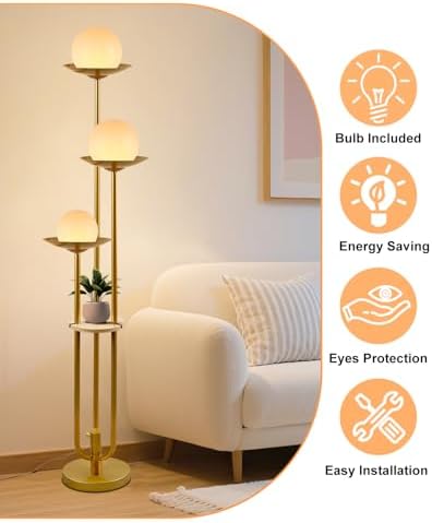 63IN Globe Floor Lamp with Shelf 3-Lights Modern Dimmable Floor Lamps with 3000K Soft Warm White Bulbs for Wedding/Party, Gold Tall Standing Lamp with 5Lbs Heavy Base for Living Room/Bedroom