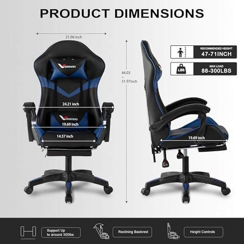 Gaming Chair for Adults, Ergonomic Computer Gaming Chair with Footrest & Lumbar Support, Height Adjustable 360° Swivel Reclining Home Office Desk Chair(Black & Blue)