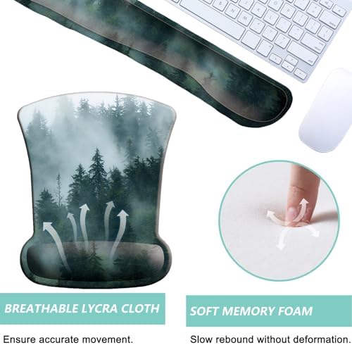 Keyboard Wrist Rest Pad Mouse Pad with Wrist Support Set of 3, Gaming Mousepad with Non-Slip Rubber Base, Ergonomic Memory Foam Mouse Cushion Support for Home Office Laptop Computer, Forest