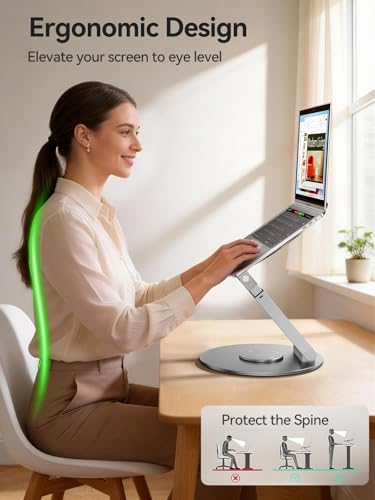 Telescopic Laptop Stand with 360° Rotation, Adjustable Height & Tilt Swivel Laptop Riser, Ergonomic Standing Desk Converter for 10-17" MacBook Pro/Air, Dell, HP – Supports up to 22lbs (Silver)