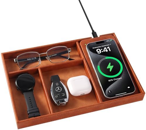 Valet Tray, Built in Wireless Charging Pad, Nightstand Organizer