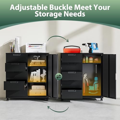 MIIIKO 5 Drawer Storage Cabinet with Door and Shelf, Mobile Lateral Cabinet on Wheels, Office Small Organizer Printer Stand, Black File Cabinets