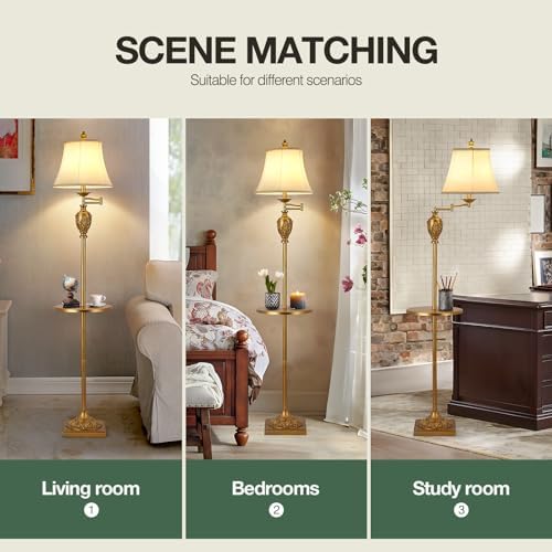 Traditional Floor Lamp with Tray, Remote Dimmable, 350° Swing Arm and Gold