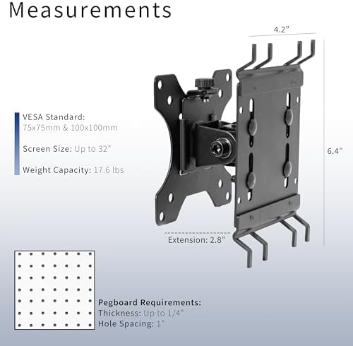 VIVO Black Single Monitor Pegboard Mount, Up to 32 in Screens, Mount-PB1