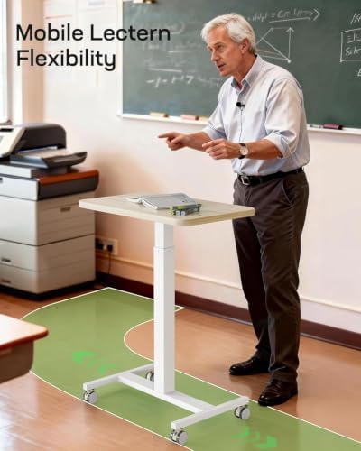 Marsail Mobile Standing Desk, Wider Height Adjustable Computer Desk, Rolling Sit Stand Desk with 4 Lockable Wheels, Ergonomic Desk for Home Office and Classroom, Natural