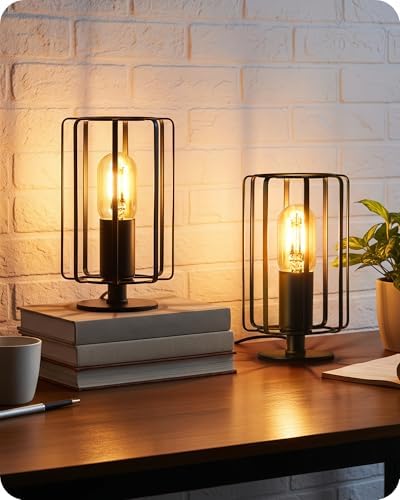 Industrial Table Lamp Set of 2, Small Bedside Lamp with Dimmable 2400K Warm Light LED Bulb, Vintage Desk Lamp, Rustic Nightstand Lamp for Bedroom, Study, Office, Small Space, Black B05TLP205