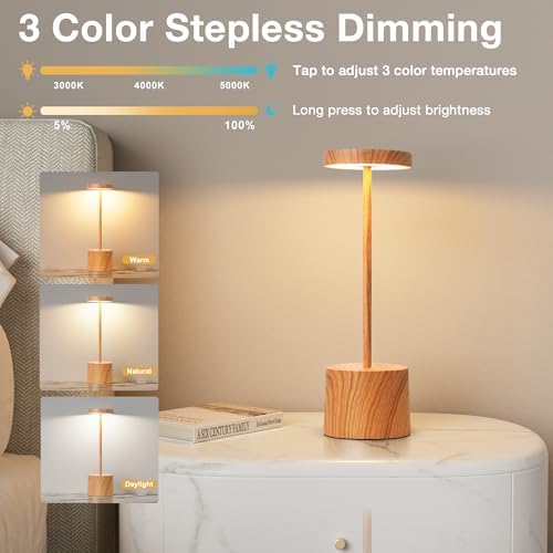 Kakanuo Wooden Rechargeable Cordless Lamp - Touch Control, 3 Color Temperature, LED Outdoor Wireless Lamp, Battery Operated Lamps, Stepless Dimmable, Set of 2