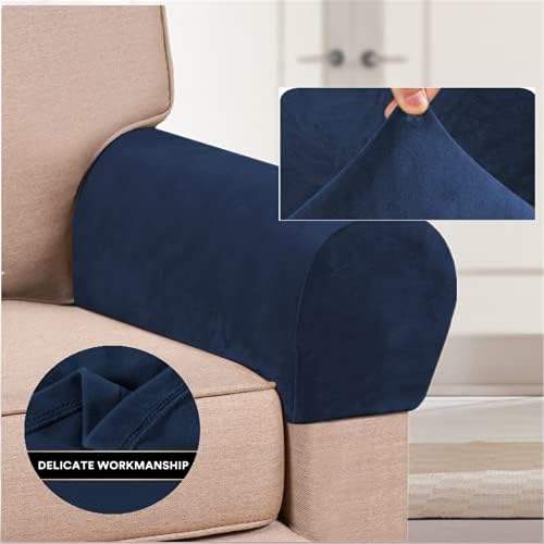 2 Pack Velvet Stretch Armrest Covers - Non Slip Sofa Chair Covers, Soft Elastic Arm Protectors for Living Room Couch, Office Chair, Recliner (Navy)