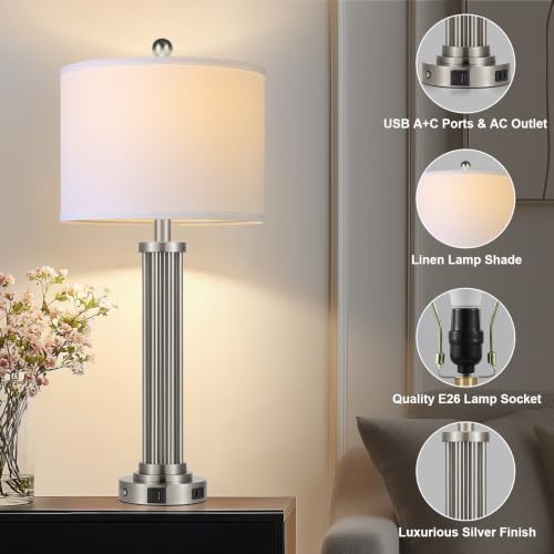 28" Tall Modern Table Lamps Set of 2 with USB C+A Ports and AC Outlet, 3 Way Touch Metal Bedside Lamps for Bedroom, Silver Nightstand Lamps for Living Room