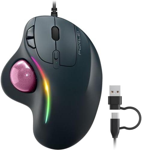 Wired Ergonomic Trackball Mouse, 34mm Thumb Control, RGB Lighting