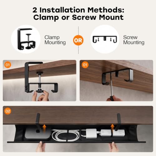 No Drill Under Desk Cable Management Tray, 48 Inch, Black