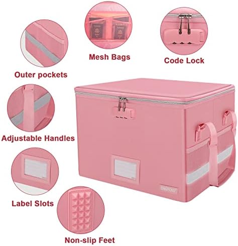 ENGPOW File Box with Lock, Fireproof Document Box with Zipper＆Pockets, Collapsible File Organizer Filing Storage Cabinet with Handle, Portable Home Office Safe for Hanging Letter/Legal Folder, Pink