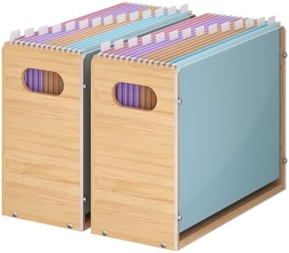 Sbanmao Acrylic Wall File Organizer, Hanging File Folder Organizer with Handle, Bamboo File Box File Crate Storage Box, Portable Filing Organizer for Home Office Classroom (Letter Size, 2 Pack)