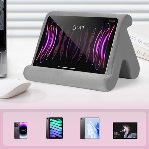 Universal Multi-Angle Tablet Stand Holder-Soft Pad Stand with black phone holder for Lap,Knee,Sofa and Bed,Compatible with iPad Pro 9.7,10.5,12.9 Air Mini 4 3,Kindle,Galaxy Tab,E-Reader (Grey)