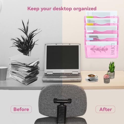 5 Pockets Mesh Wall File Holder Organizer Office Hanging File Folder Magazine Rack, Nametag Label Hooks Set Included (Pink)