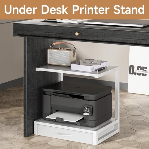 YAOHUOO 2-Tier Desktop Printer Stand with Fabric Drawer,17.3"x11.8" White