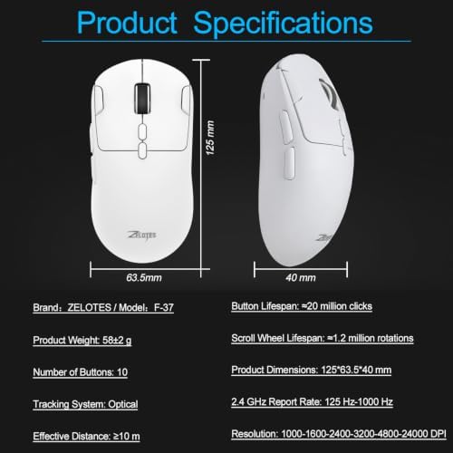 zelotes Gaming Wireless Mouse, Bluetooth Rechargeable with 9 Programmable Buttons,Ultra-Light 60g, 24,000 DPI, BT/USB 2.4G / Type-C, Ergonomic Optical Mouse for Laptop, PC,Office and Gamers (White)
