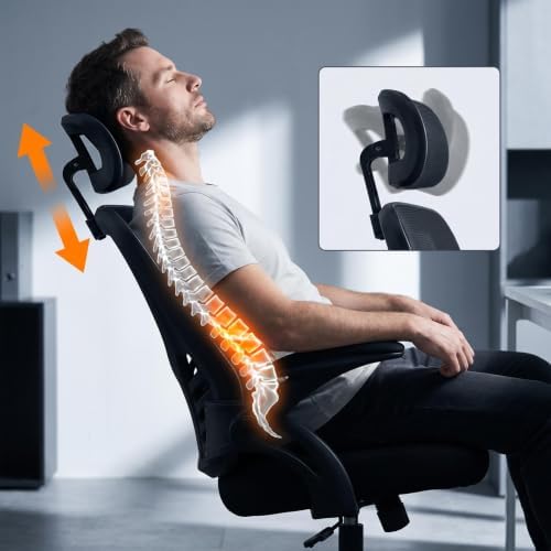 Ergonomic High Back Mesh Office Chair with Adjustable Headrest & Flip Up Armrest, Height Adjustable Swivel Rolling Desk Chair, 300LBS Breathable Computer Task Chair for Home Office(Grey)