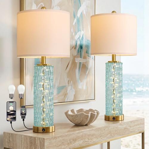 Oneach 27.75" Coastal Blue Table Lamps Set of 2 with Nightlight for Bedside