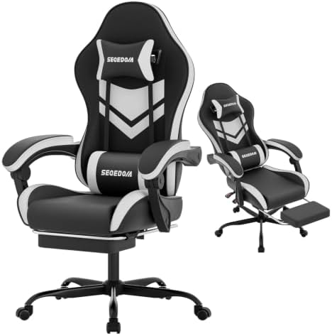 Gaming Chair with Footrest & Massage Lumbar Support, PU Leather Ergonomic High Back Swivel Height Adjustable Chair for Adults, Office Gaming, 300 lbs (Black White)