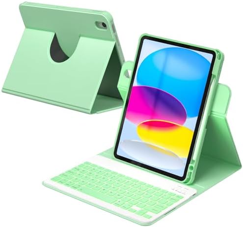 YBING Keyboard Case for iPad 10th Gen 10.9 inch(2022) & 11th Gen(A16, 2025), 7-Color Backlit Detachable Keypad & Rotatable Magnetic Case with Pencil Holder (Green)