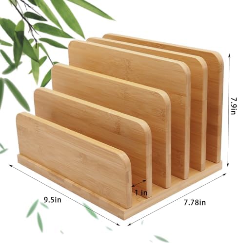 Desk File Mail Organizer Countertop, 5 Slots Bamboo Folder Sorter Holder for Letter, Envelope, Paper, Bill Filing, Desktop Tray Organizer for Office & Home