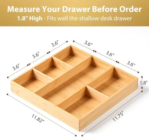 Umilife Bamboo Desk Drawer Organizer, Wood Office Junk Tray, 12"x12"