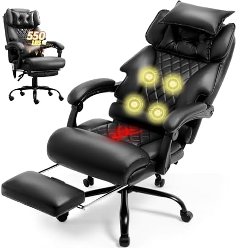 3D Kneading Massage Office Chair with Foot Rest,Executive Office Chairs,Ergonomic Desk Chair for Heavy People,Big and Tall Office Chair 500LBS,Recliner with Dual-Use Pillow,Home & Office,Blackpu