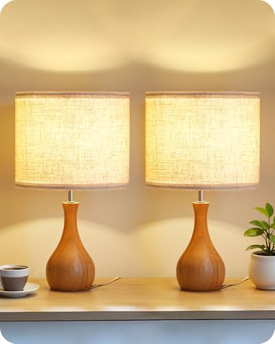 Wood Table Lamps Set of 2, Small Bedside Lamps Set of 2, Beige Linen Lampshade & Dark Pearwood Base, 14.2" Small Table Lamp, Nightstand Lamps for Bedroom, Small Space, E26 Socket, LE09TLP205