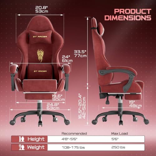 Ferghana Ergonomic Velvet Fabric Gaming Chair for Adults, Embroidered Fire Pattern, Massage Lumbar Support, Retractable Footrest, Adjustable Reclining Racing Style Computer Office Desk Chair, Red