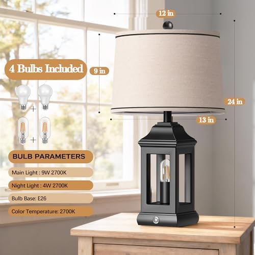24" Rustic Farmhouse Table Lamps for Living Room Set of 2, Touch Dimmable Nightlight Vintage Bedside Lamps with USB A+C Ports & Dual Light Sources for Bedroom Nightstand End Table, Matte Black