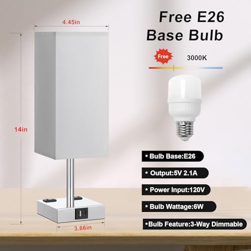 Set of 2 Grey Touch Table Lamp for Bedroom, Dimmable, USB C+A, 2 AC Outlets