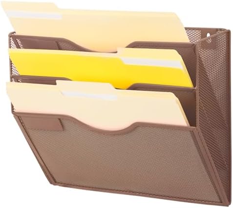 EASEPRES 3 Pocket Mesh Hanging Wall File Organizer, Wall Mounted Mail Paper Document Folder Holder, Clipboard Storage Organization Magazine Rack with Nametag Label for Office Home School, Brown