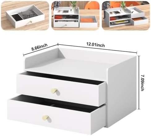 Bamboo Desk Organizer with Drawers,Wooden Desktop Storage(2 Drawers,White)