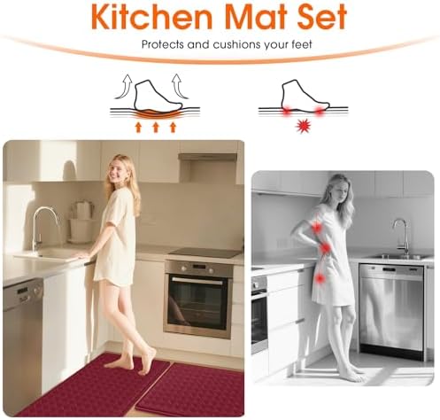TranquilRelax 2-Piece Kitchen Mats, Cushioned Non-Slip Floor Mats, Burgundy
