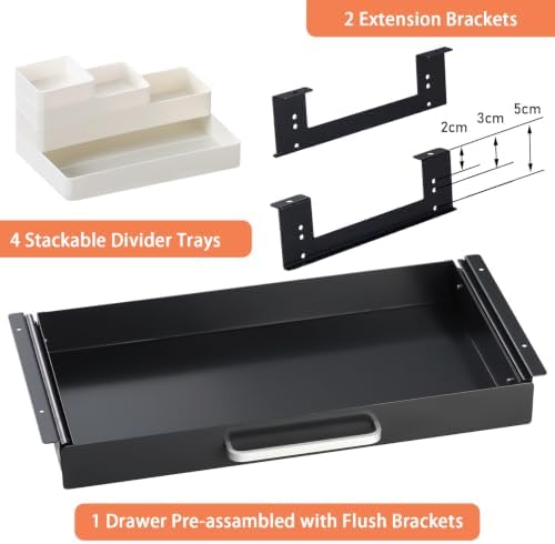 Under Desk Drawer 21" with 4 Divider Trays, Storage Drawer Organizer