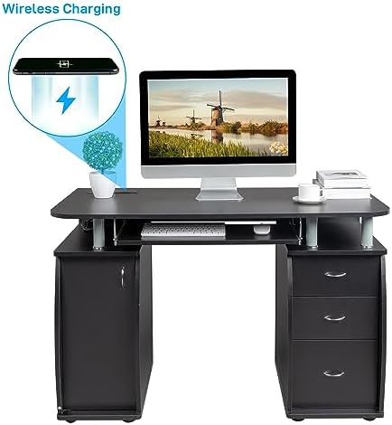 Karl home MDF Computer Desk with Strip Socket, Home Office Desk Writing Desk, Office Table with 3 Drawers and Storage Cabinet for Studio, Apartment, Coffee, Black