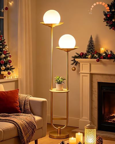 Lightdot 63IN 2 Globe Gold Floor Lamp Mid Century Standing Lamps Dimmable with 3000K Warm White LED Bulbs Unique Vintage Tall Floor Lamp with 5Lbs Heavy Base for Living Room/Wedding/Party