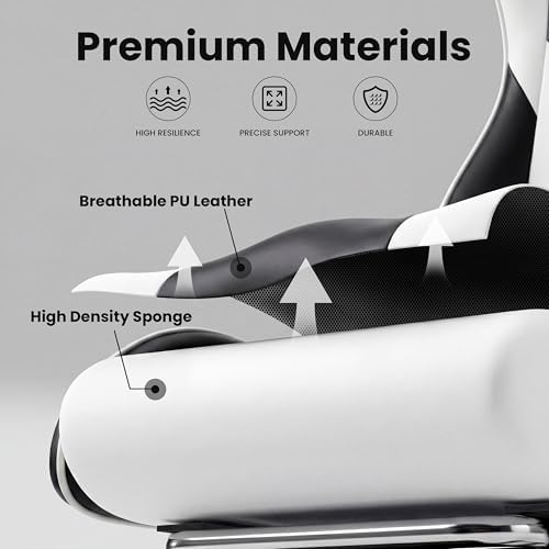 Gaming Chair, Ergonomic Footrest, Lumbar & Headrest(Black White)