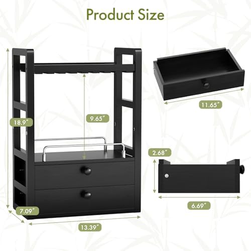 AmazerBath Bamboo Bathroom Counter Organizer, 2-Tier Makeup Organizer with 2 Drawers, Vanity Organizer Storage Coffee Matcha Station, Compact Shelf for Bathroom Kitchen Office Countertop, Black