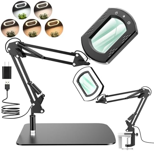 15X Rectangle Magnifying Glass with Light and Stand, Hands-Free Real Glass Lighted Magnifier, Touch Control 5 Color Modes Stepless Dimmable, 2-in-1 LED Desk Lamp with Clamp for Close Work, Reading
