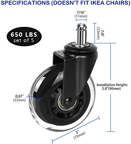 Hirate 5 Pack 3 inch Office Chair Caster Wheel Universal Stem 7/16" x 7/8"