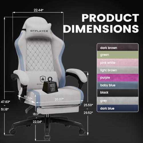 GTPLAYER Gaming Chair Fabric with Pocket Spring Cushion, Big and Tall Gamings Chairs 350LBS High Back Computer Chair with Footrest for Adults Lumbar Support Swivel Game Chair for Office Gray