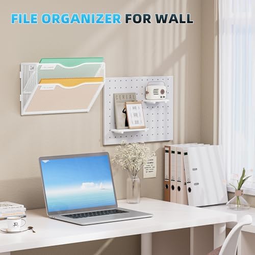 Marbrasse Wall File Holder 2-Tier Hanging Wall File Organizer, Mesh Mail Holder for Papers, Wall Mount File Clipboard & Magazine Organizer Great for Office Home - 2P(White)